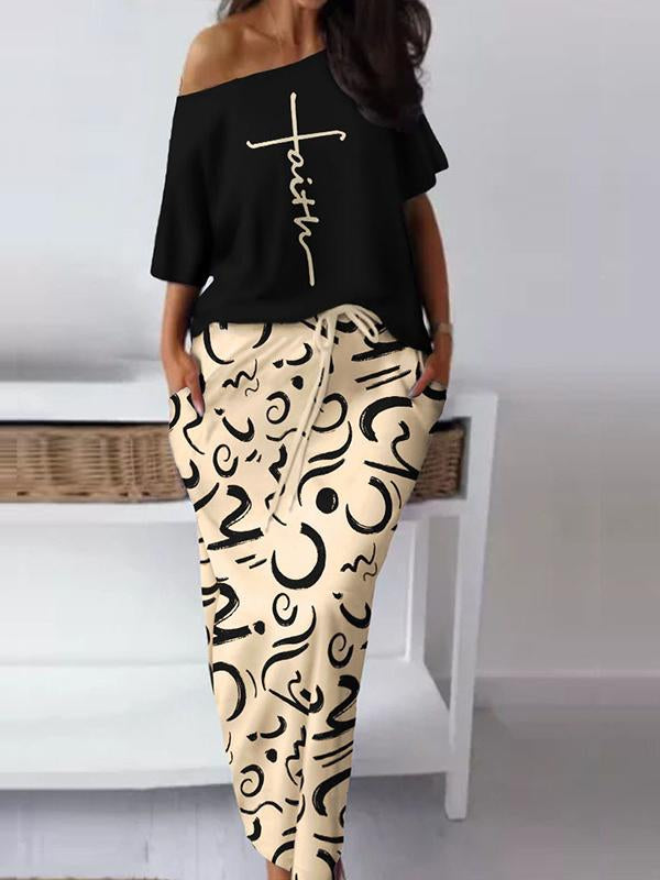 Casual Printed Off-Shoulder Top and Skirt Set – Gia – Black