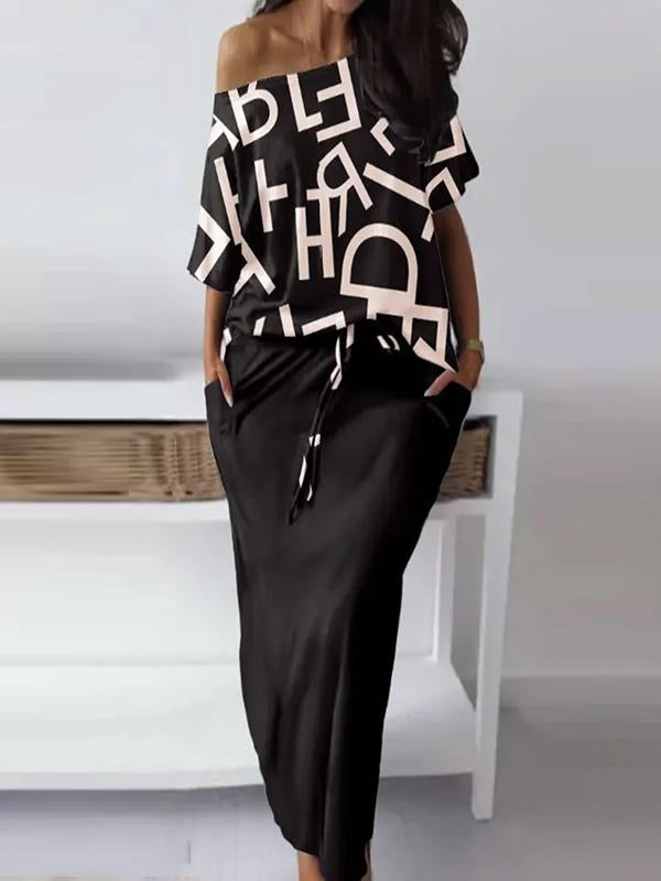 Casual Printed Off-Shoulder Top and Skirt Set – Gia – Black / White