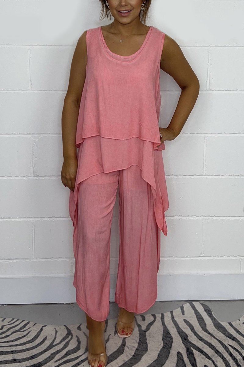 Relaxed Sleeveless Top and Casual Pants Set – Esme – Peach
