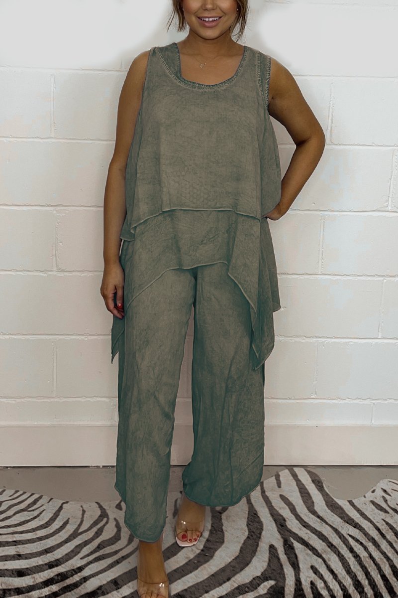 Relaxed Sleeveless Top and Casual Pants Set – Esme – Military Green