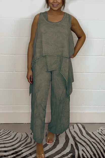 Relaxed Sleeveless Top and Casual Pants Set – Esme – Military Green