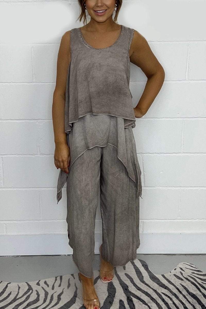 Relaxed Sleeveless Top and Casual Pants Set – Esme – Light Khaki