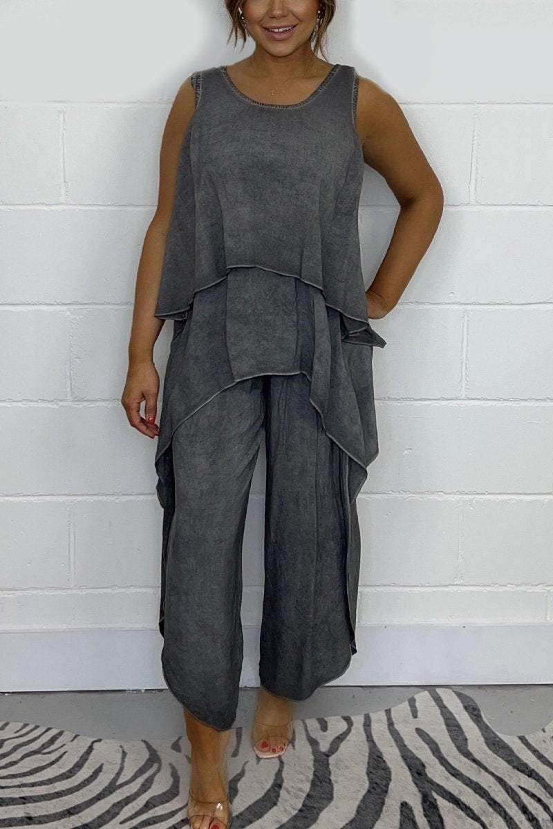 Relaxed Sleeveless Top and Casual Pants Set – Esme – Gray