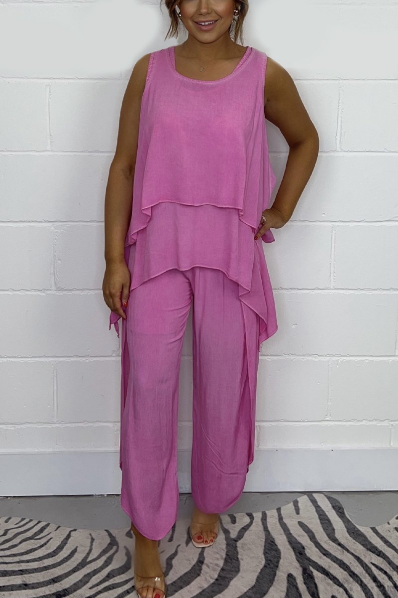 Relaxed Sleeveless Top and Casual Pants Set – Esme – Pink