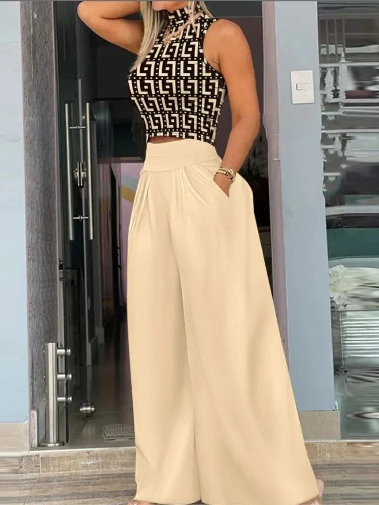 Women's Cropped Top and Printed Wide-Leg Pants Set – Corinne – Khaki