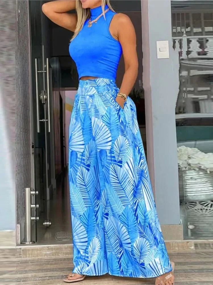 Women's Cropped Top and Printed Wide-Leg Pants Set – Corinne – Blue