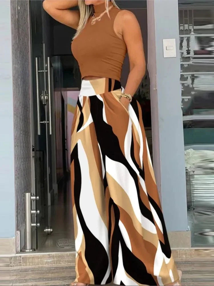 Women's Cropped Top and Printed Wide-Leg Pants Set – Corinne – Coffee