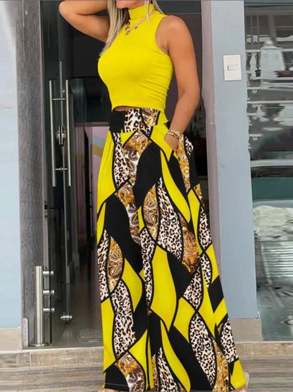 Women's Cropped Top and Printed Wide-Leg Pants Set – Corinne – Yellow