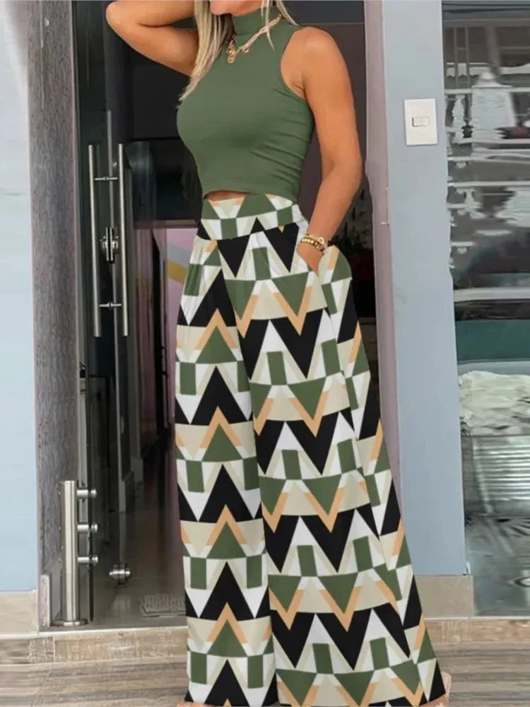Women's Cropped Top and Printed Wide-Leg Pants Set – Corinne – Green