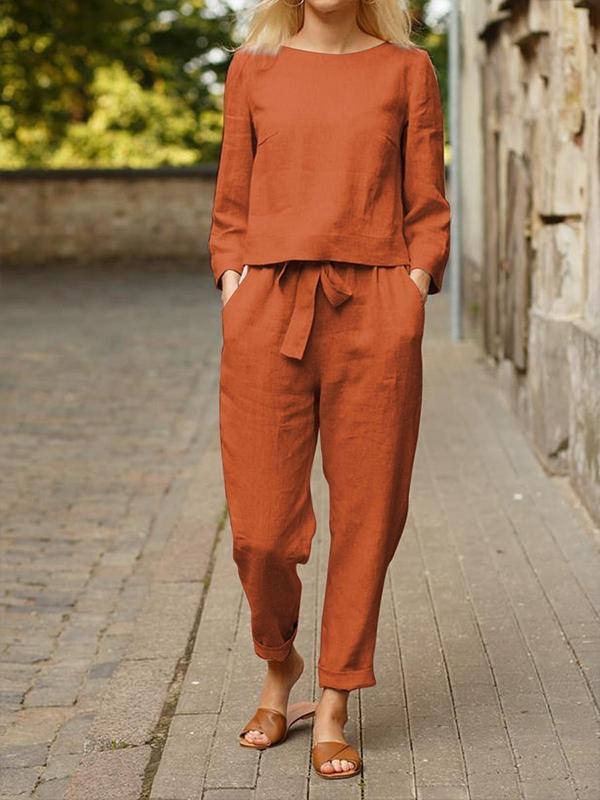 Women's Casual Basic Cotton-Linen Long-Sleeve Set – Poppy – Orange