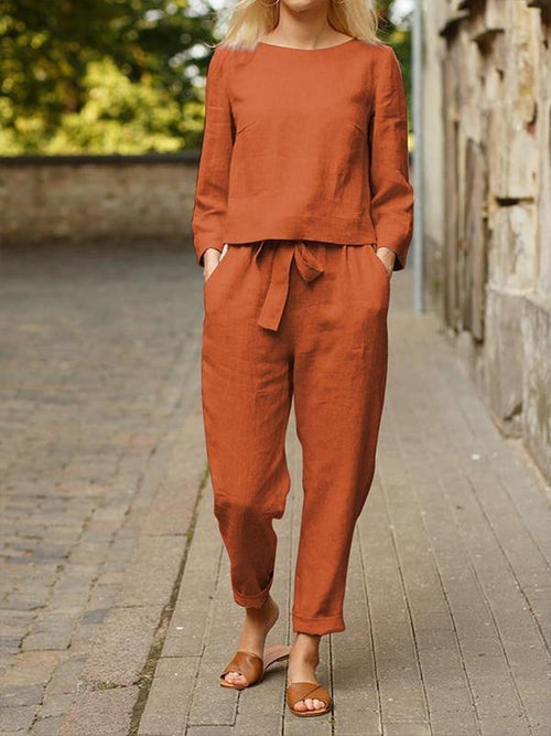 Women's Casual Basic Cotton-Linen Long-Sleeve Set – Poppy – Orange