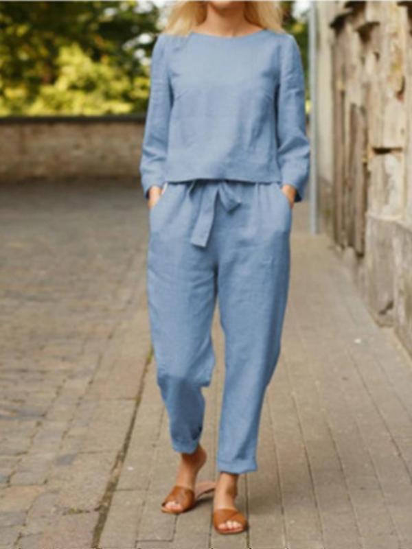 Women's Casual Basic Cotton-Linen Long-Sleeve Set – Poppy – Baby Blue