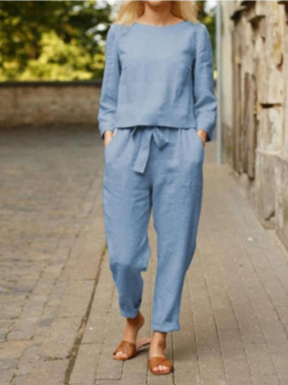 Women's Casual Basic Cotton-Linen Long-Sleeve Set – Poppy – Baby Blue