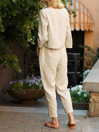 Women's Casual Basic Cotton-Linen Long-Sleeve Set – Poppy – Cream