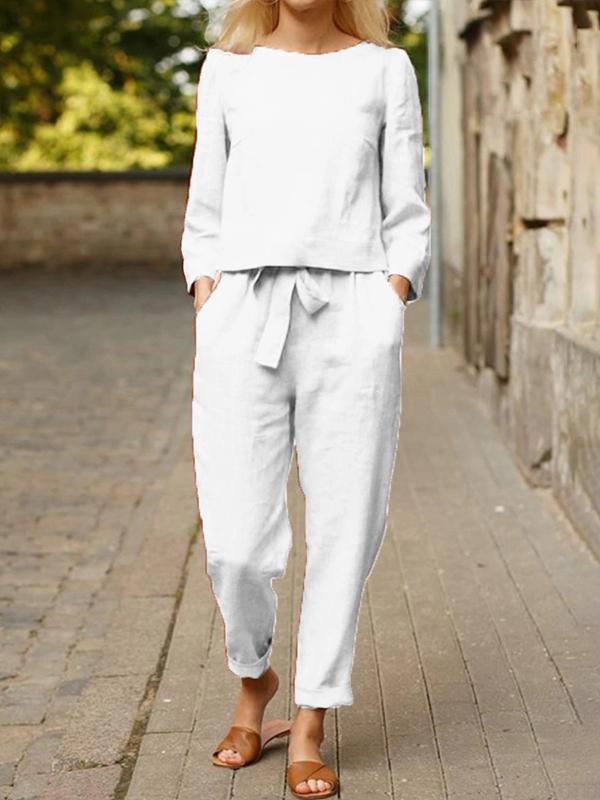Women's Casual Basic Cotton-Linen Long-Sleeve Set – Poppy – White