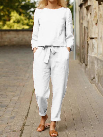 Women's Casual Basic Cotton-Linen Long-Sleeve Set – Poppy – White