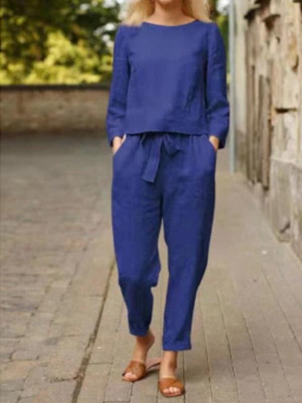 Women's Casual Basic Cotton-Linen Long-Sleeve Set – Poppy – Blue