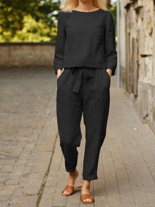 Women's Casual Basic Cotton-Linen Long-Sleeve Set – Poppy – Black