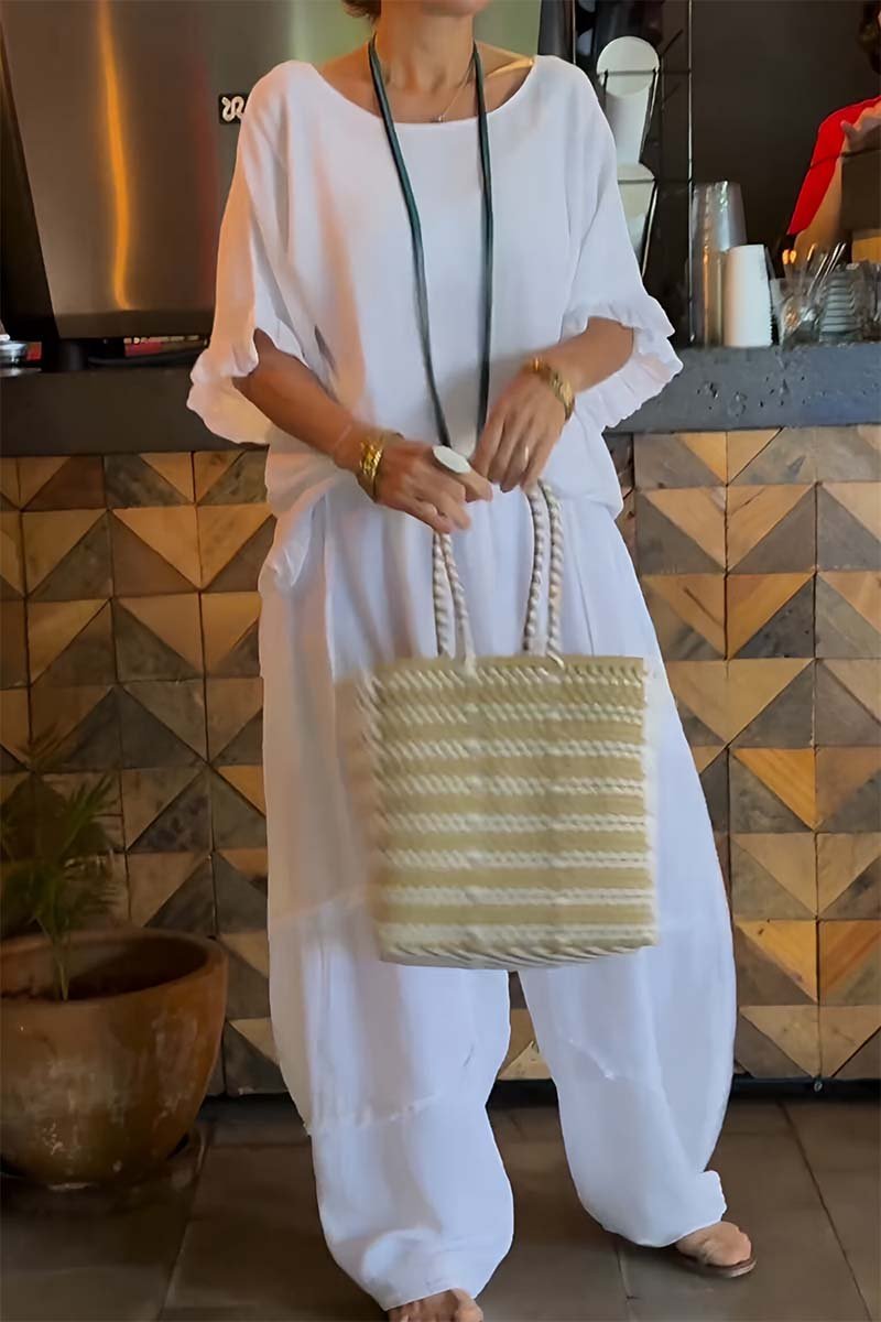 Women's Casual Cotton-Linen Set with Puff Sleeves – Daphne – White