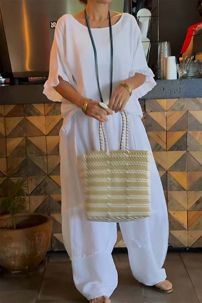 Women's Casual Cotton-Linen Set with Puff Sleeves – Daphne – White