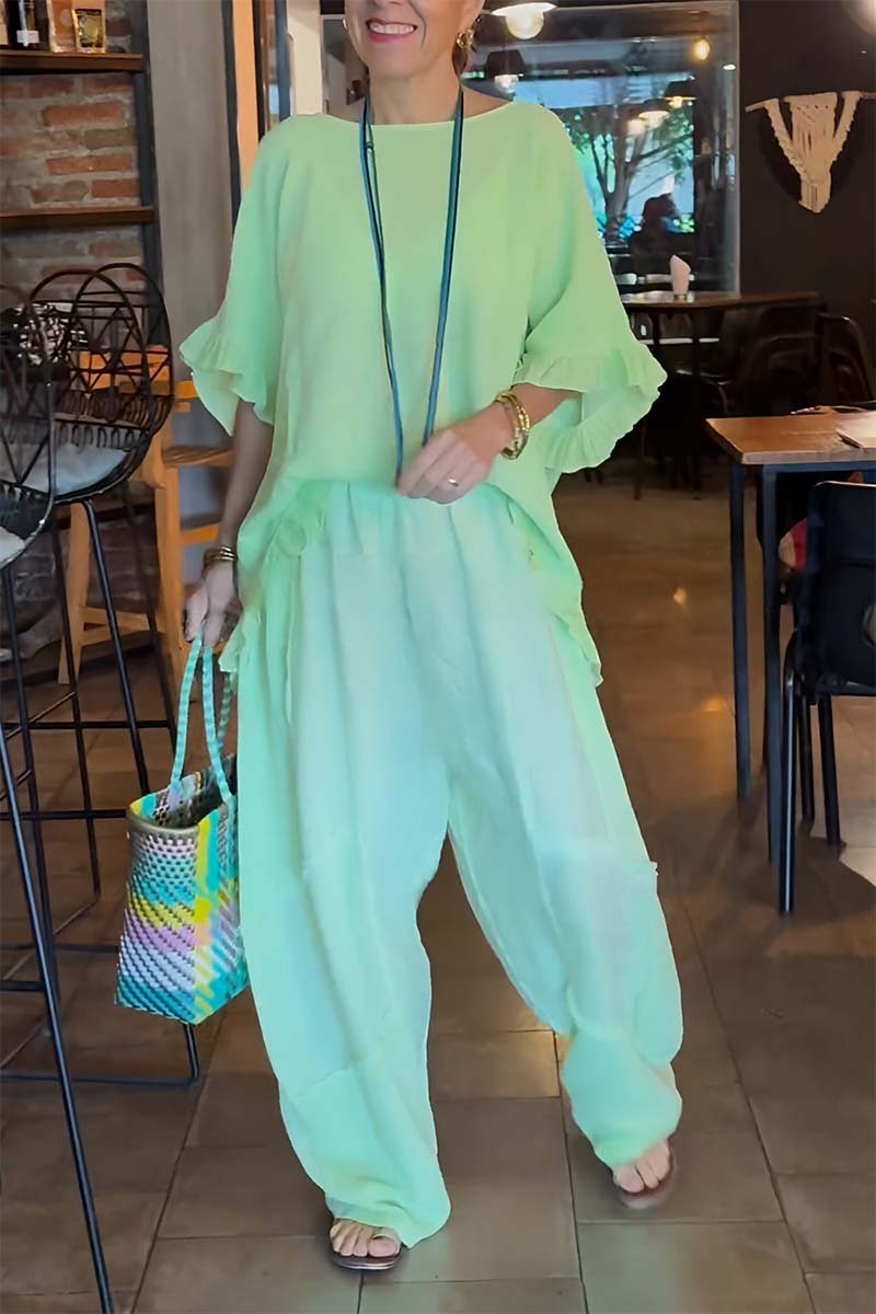 Women's Casual Cotton-Linen Set with Puff Sleeves – Daphne – Neon Green