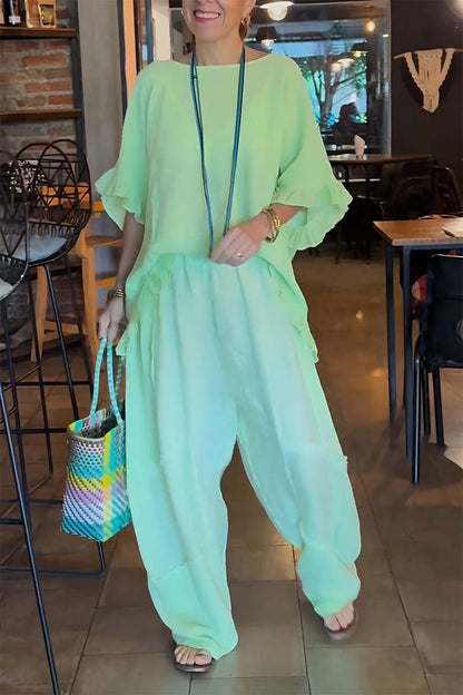 Women's Casual Cotton-Linen Set with Puff Sleeves – Daphne – Neon Green