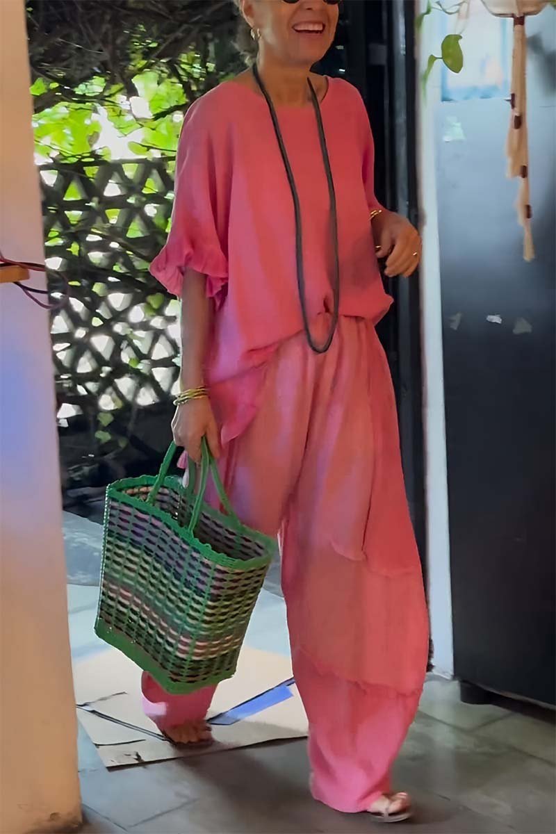 Women's Casual Cotton-Linen Set with Puff Sleeves – Daphne – Pink