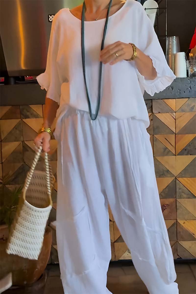 Women's Casual Cotton-Linen Set with Puff Sleeves – Daphne – view 3