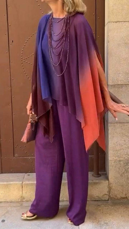 Women's Casual Ombré Crewneck Set with Batwing Sleeves – Neve – Purple