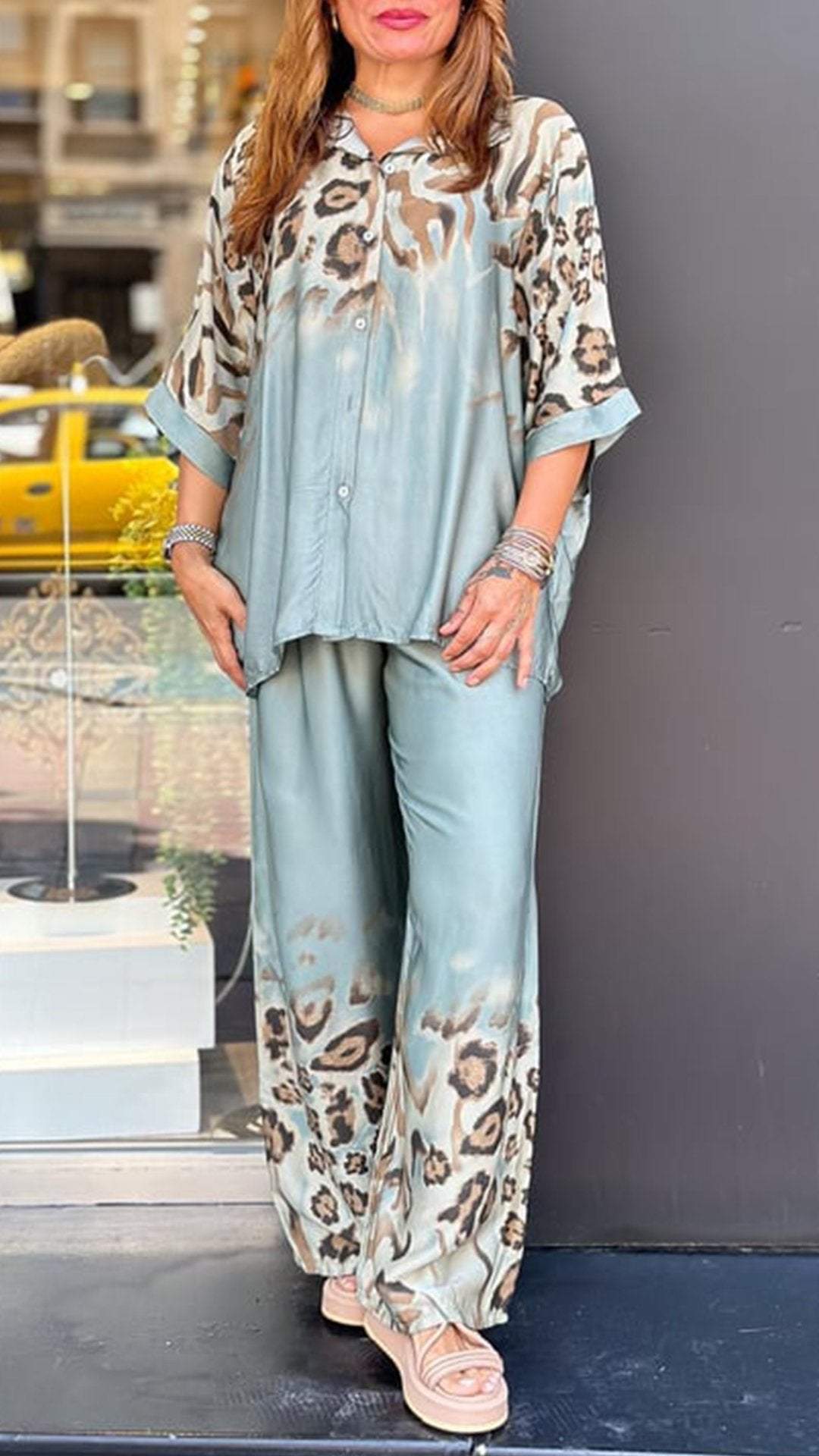 Women's Casual Ombré Leopard-Print Lapel Set – Tinsley – Cyan