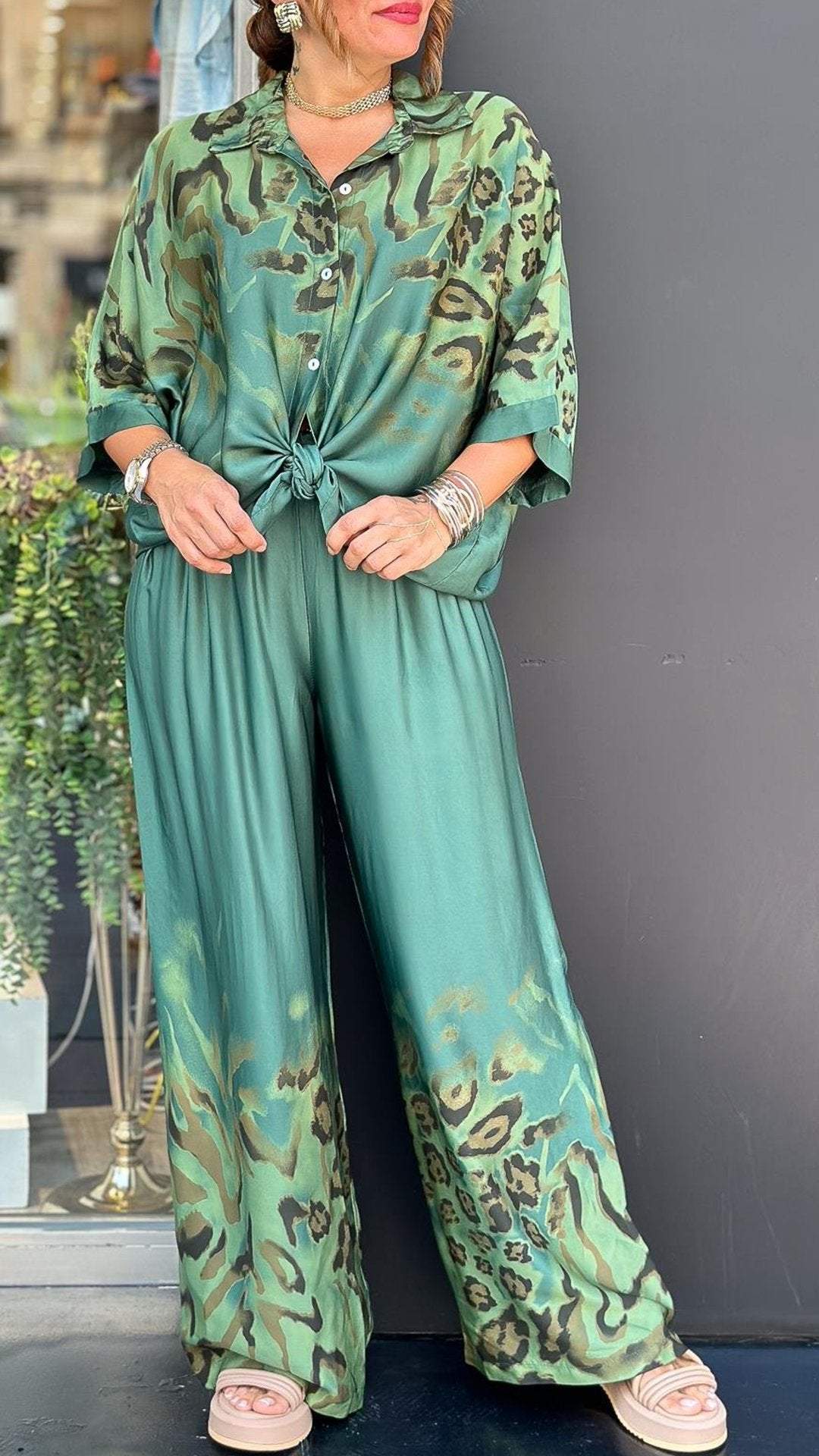 Women's Casual Ombré Leopard-Print Lapel Set – Tinsley – Green
