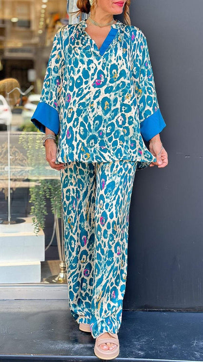 Women's Casual Leopard-Print Lapel Set with Elbow Sleeves – Laurel – Blue