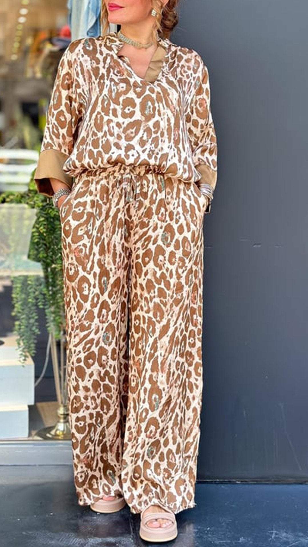 Women's Casual Leopard-Print Lapel Set with Elbow Sleeves – Laurel – Yellow