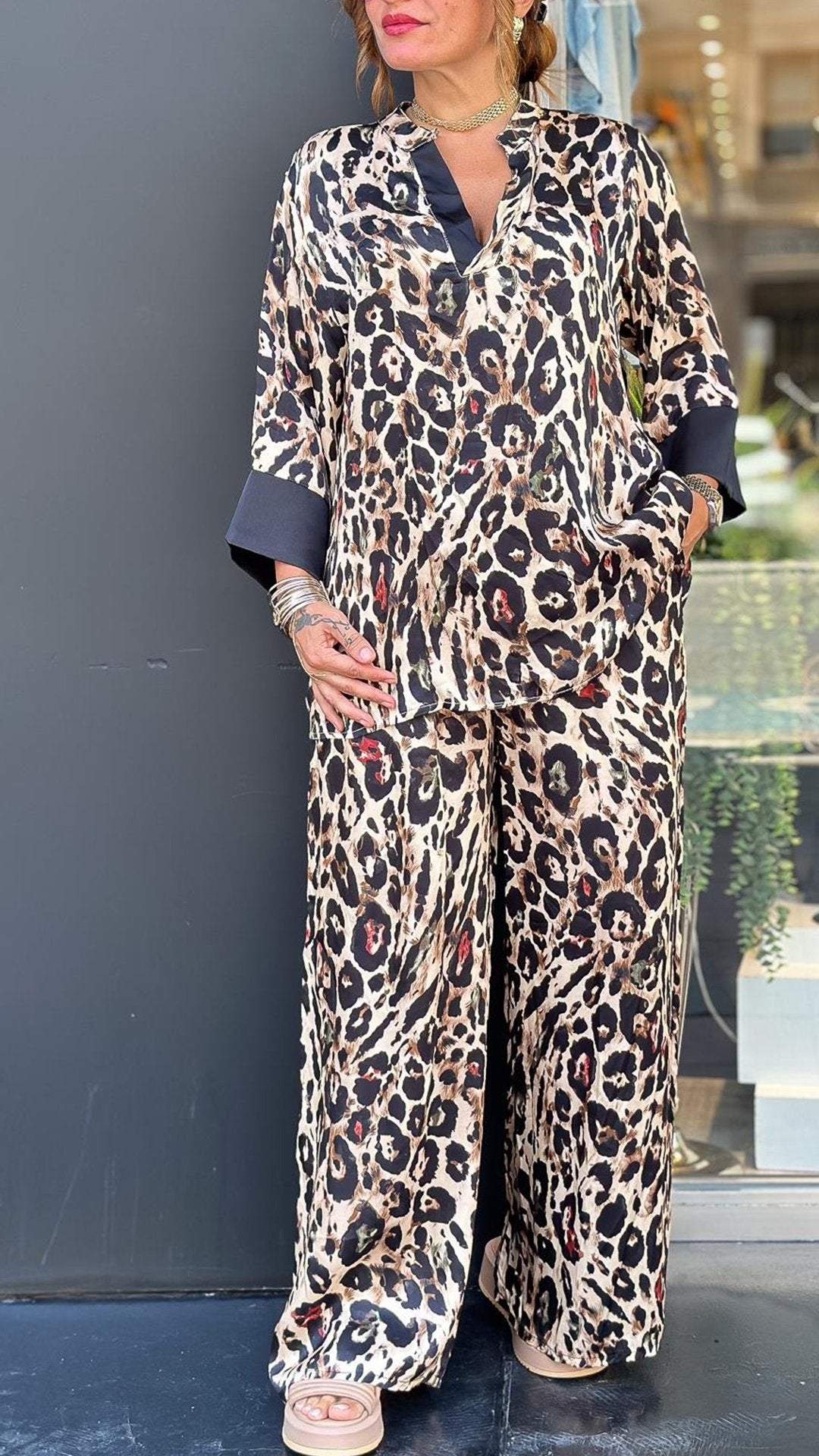Women's Casual Leopard-Print Lapel Set with Elbow Sleeves – Laurel – view 2