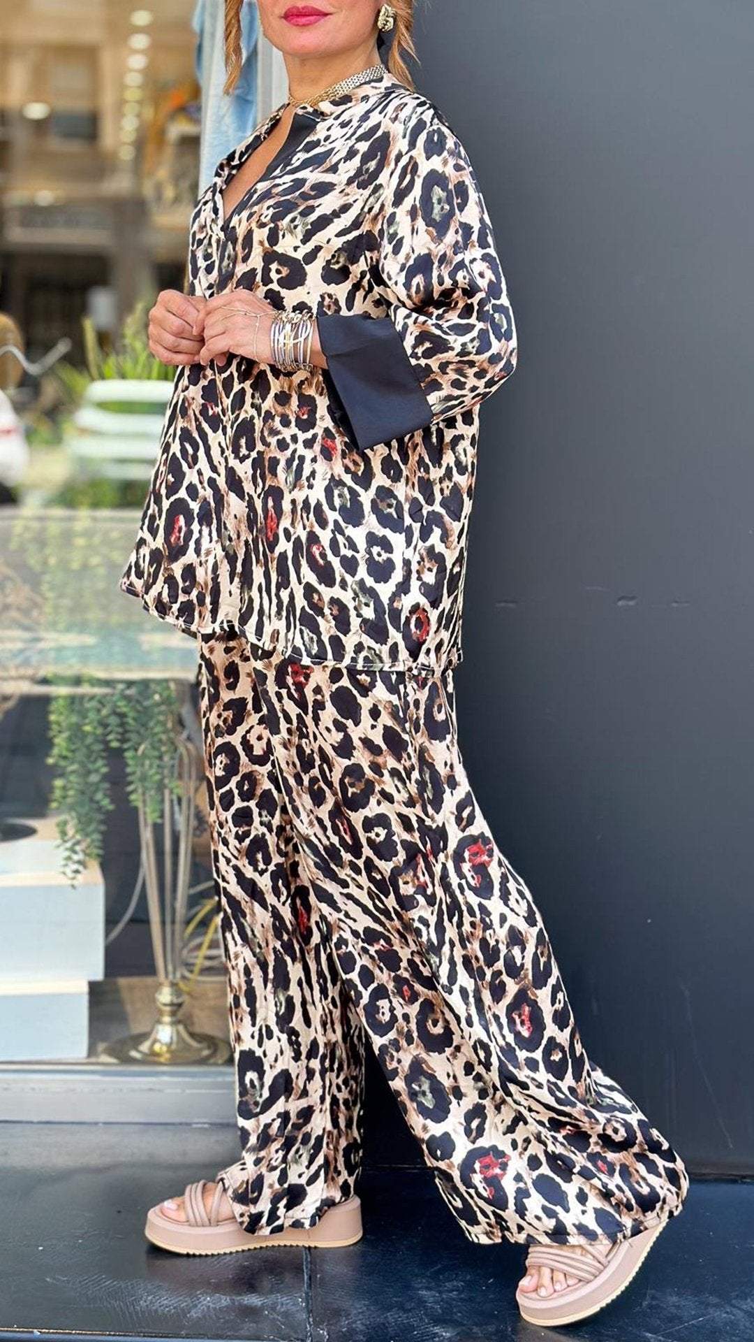Women's Casual Leopard-Print Lapel Set with Elbow Sleeves – Laurel