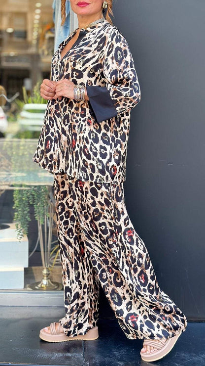 Women's Casual Leopard-Print Lapel Set with Elbow Sleeves – Laurel