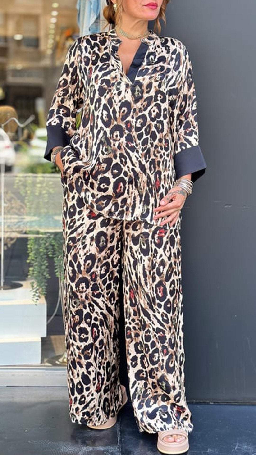 Women's Casual Leopard-Print Lapel Set with Elbow Sleeves – Laurel – Brown