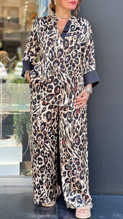 Women's Casual Leopard-Print Lapel Set with Elbow Sleeves – Laurel – Brown