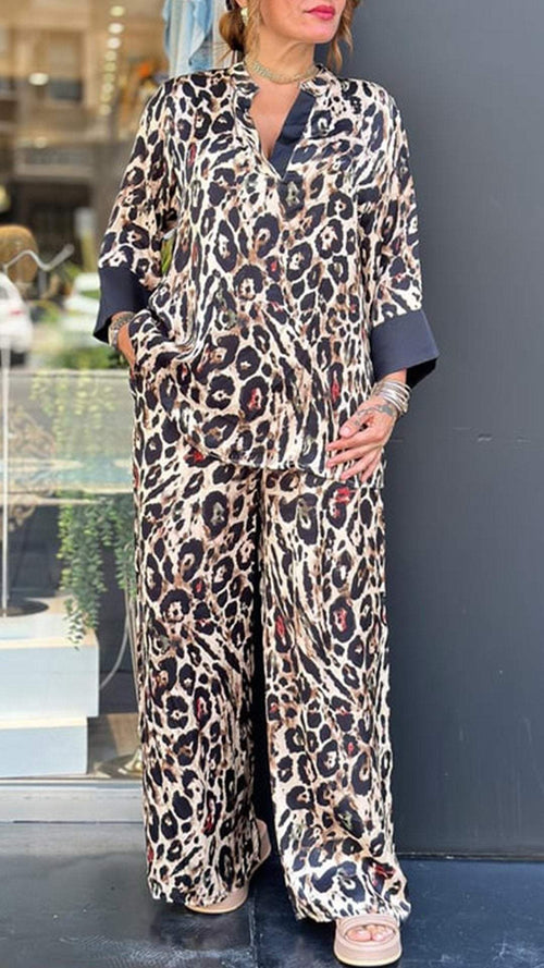 Women's Casual Leopard-Print Lapel Set with Elbow Sleeves – Laurel – Brown