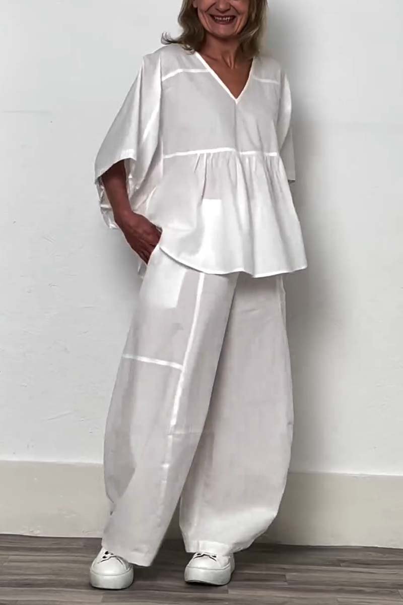 Women's Casual Cropped V-Neck Top and Solid Pants Set – Paloma – White