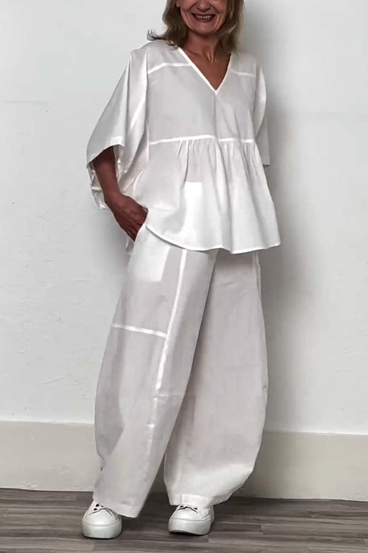 Women's Casual Cropped V-Neck Top and Solid Pants Set – Paloma – White