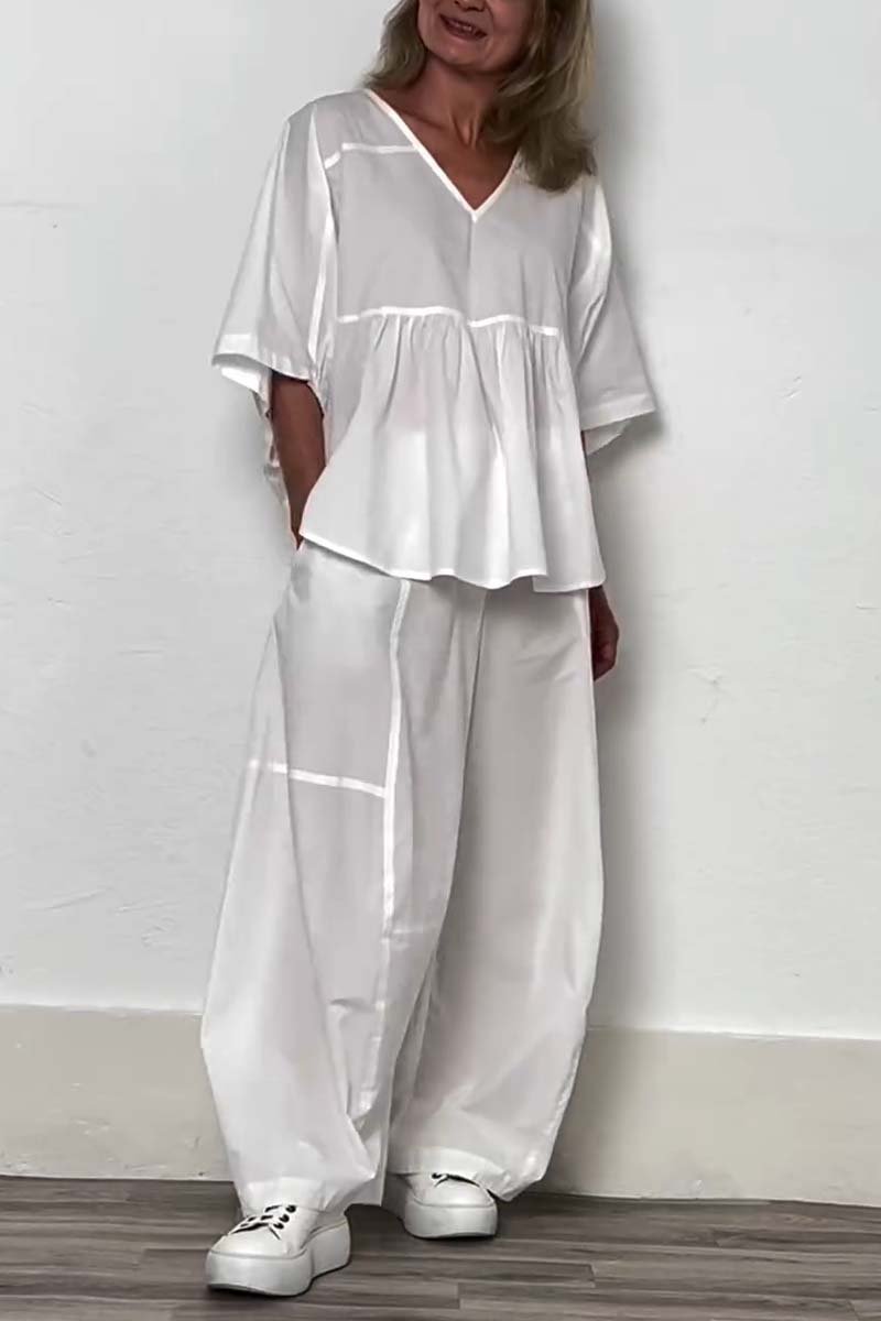 Women's Casual Cropped V-Neck Top and Solid Pants Set – Paloma