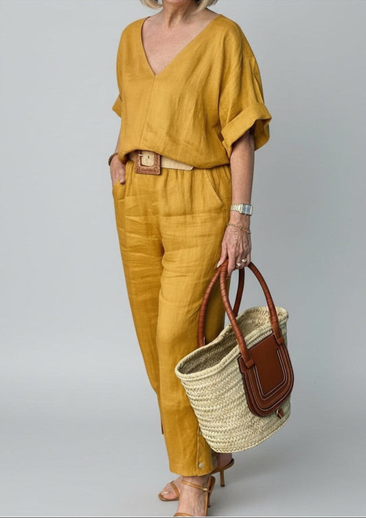 Women's Casual Cotton-Linen V-Neck Top and Pants Set – Siena – Yellow