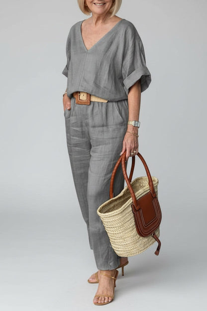 Women's Casual Cotton-Linen V-Neck Top and Pants Set – Siena – Gray