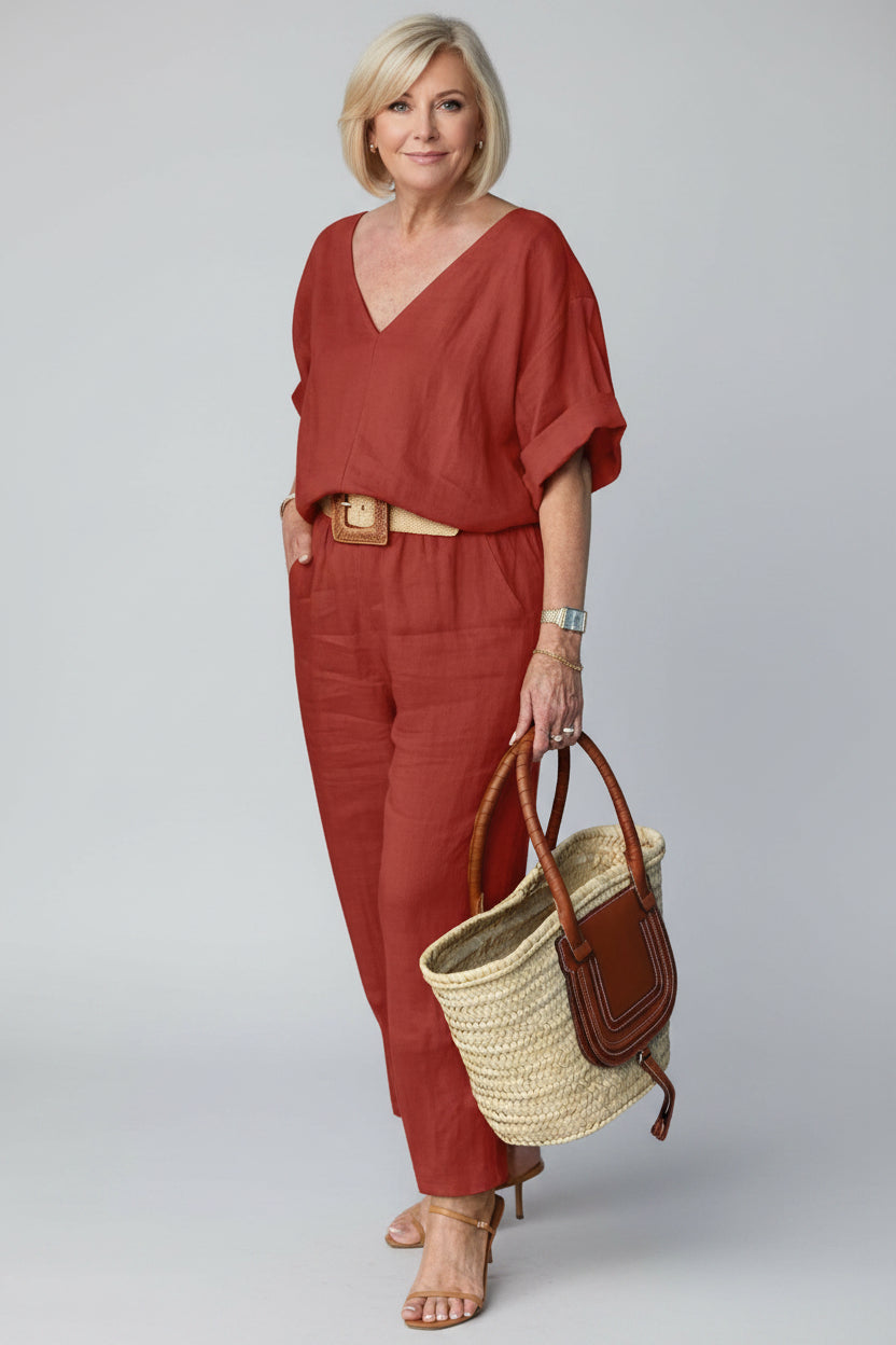Women's Casual Cotton-Linen V-Neck Top and Pants Set – Siena – Burgundy