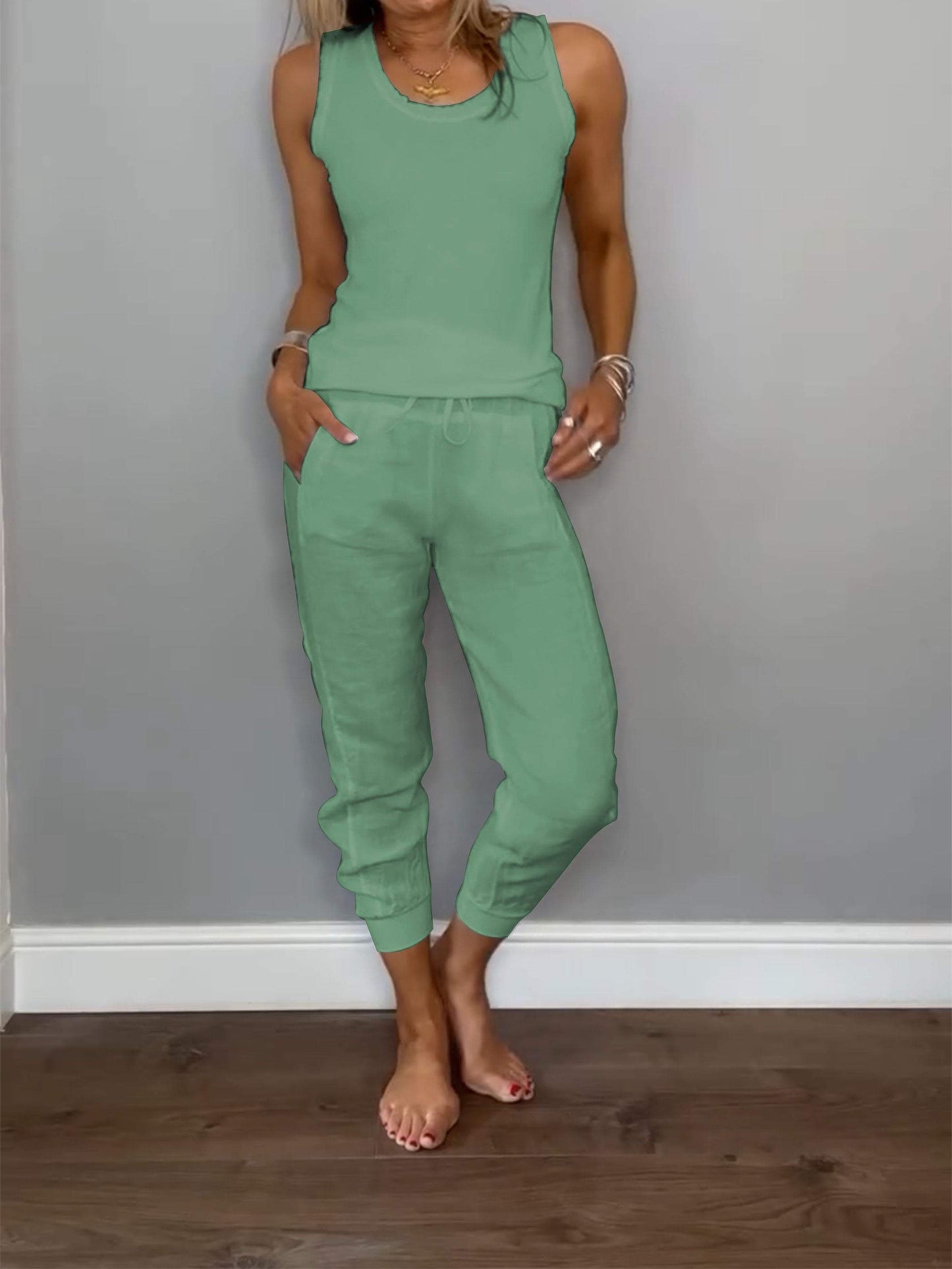 Women's Casual Two-Piece Cotton-Linen Set – Verena – Green