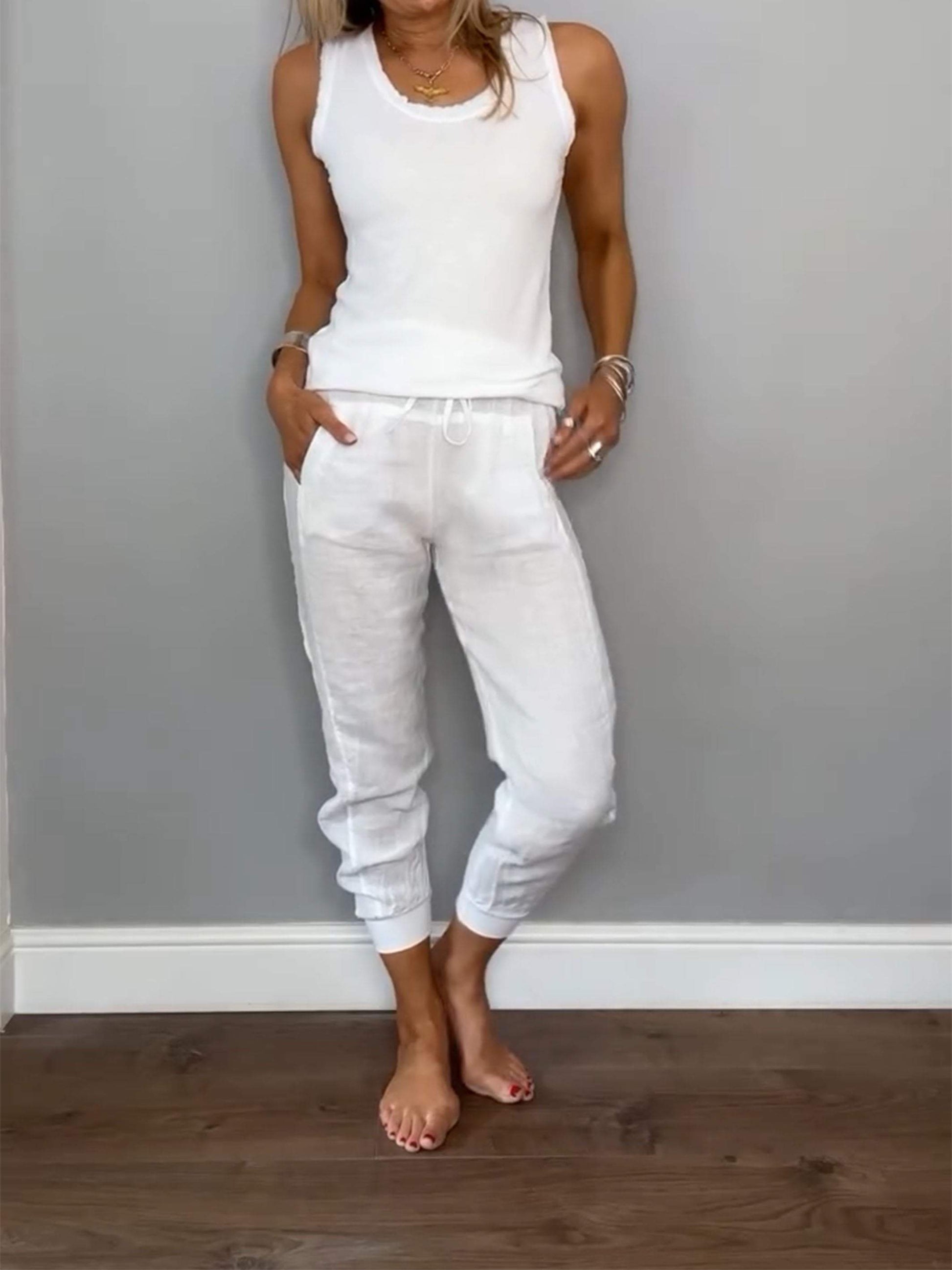 Women's Casual Two-Piece Cotton-Linen Set – Verena – White