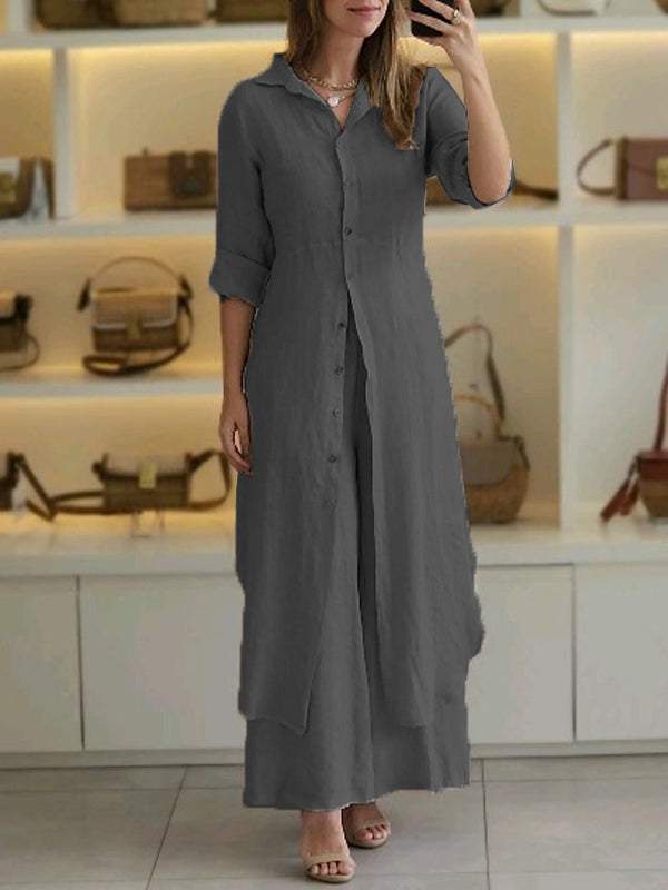 Women's Casual Two-Piece Cotton-Linen Set – Keira – Dark Gray