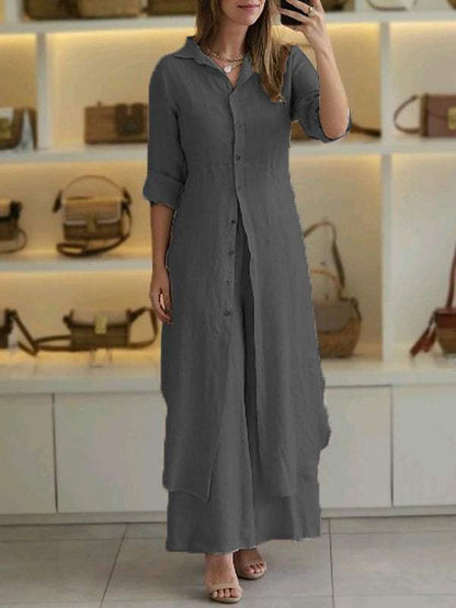 Women's Casual Two-Piece Cotton-Linen Set – Keira – Dark Gray