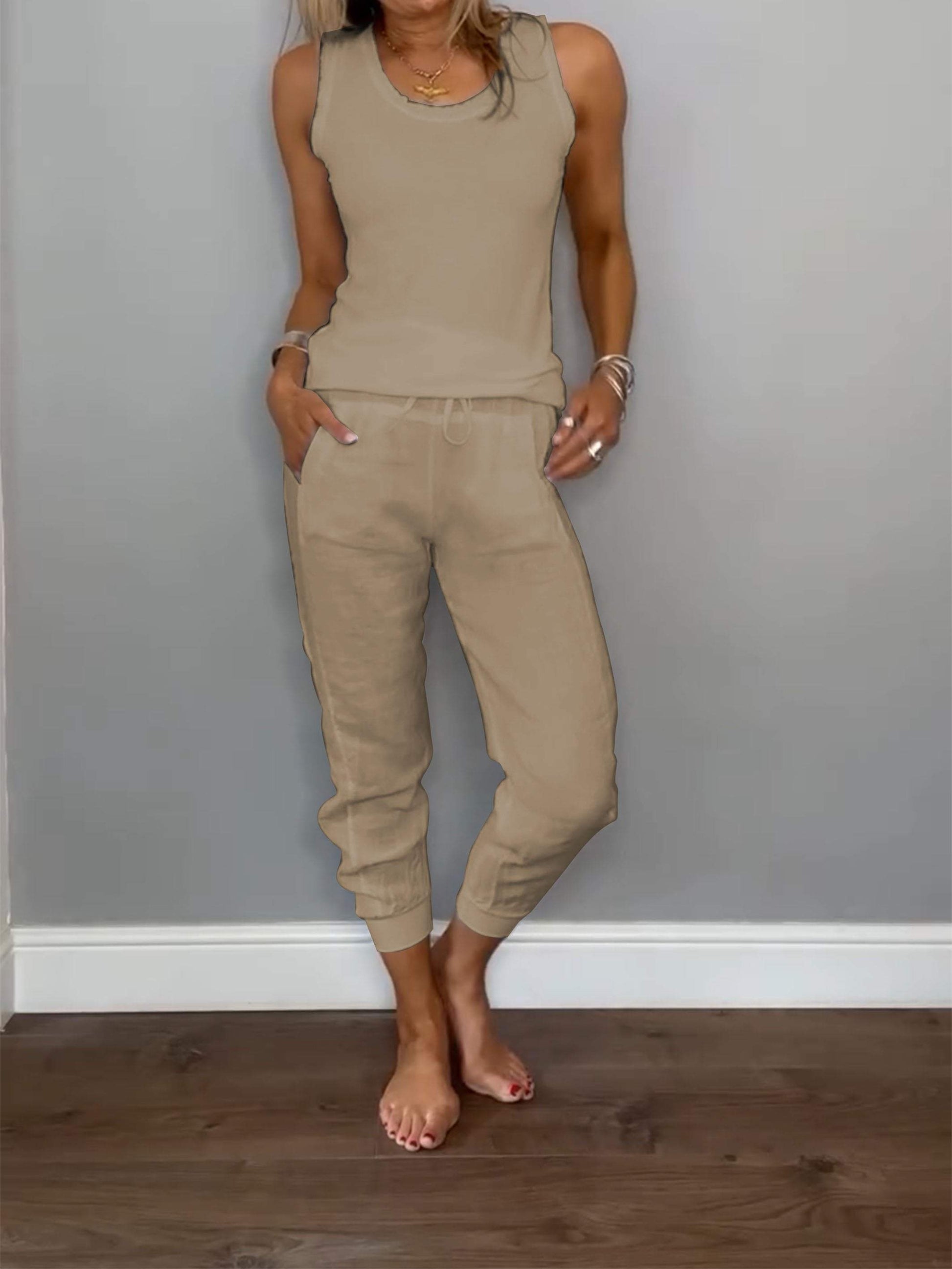 Women's Casual Two-Piece Cotton-Linen Set – Verena – Khaki